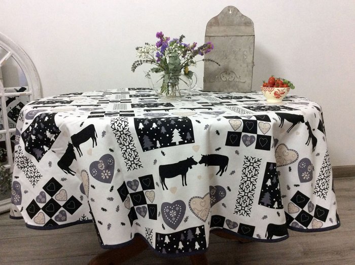 Nappe Vaches anthracite sur fond blanc, ronde Ø 180 cm,, 100% coton panama