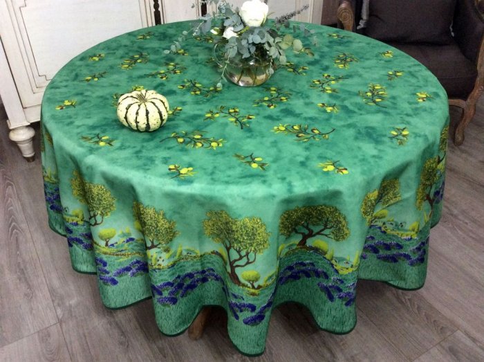 Nappe provençale, Oliviers, sur fond jaune, bleu, ou vert, ronde Ø180 cm, 100% polyester anti-taches