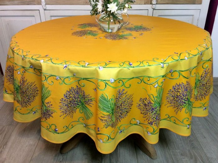 Nappe provençale Bouquets de lavande, centrée, fond jaune ou écru, ronde Ø 180 cm, 100% coton ou coton enduit anti-taches