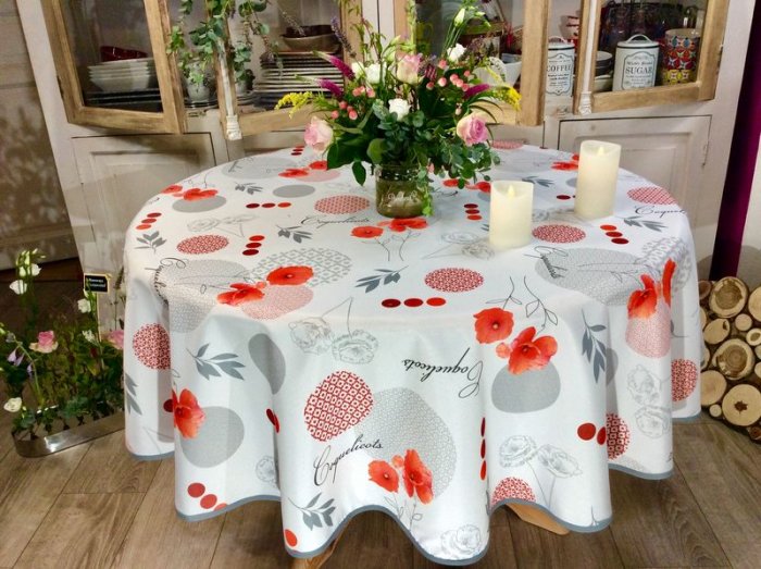 Nappe Proven Ale Coquelicots Cercles Gris Et Rouges Sur Un Fond Blanc