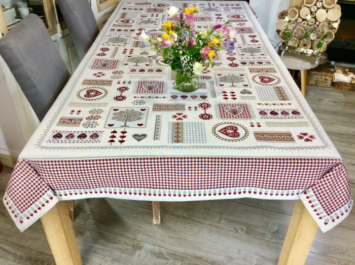 Nappe Arbre de vie, coeurs, sur fond beige, centrée, rectangulaire 140x240 cm, polycoton jacquard