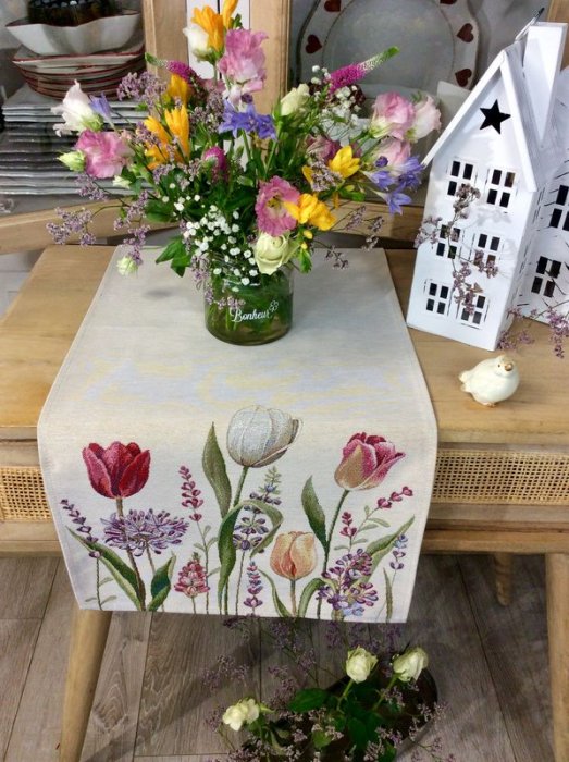 Chemin de table, Florale, Tulipes, fleurs d'ail et lavande, fond beige, rectangulaire 40x100 cm, polycoton Jacquard