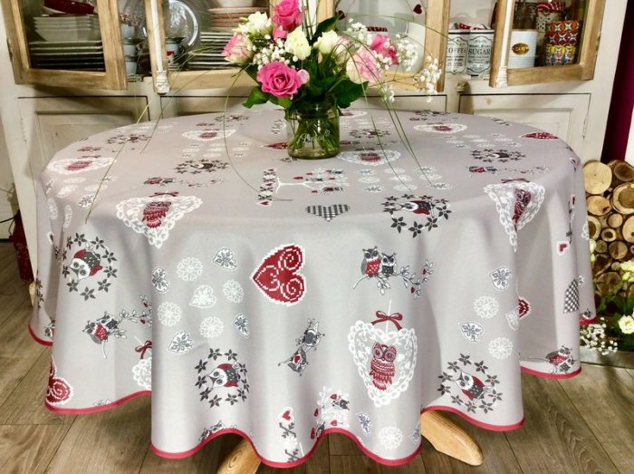 Nappe Chouettes, coeurs, fond gris, ronde Ø 180 cm, 100% polyester anti-taches