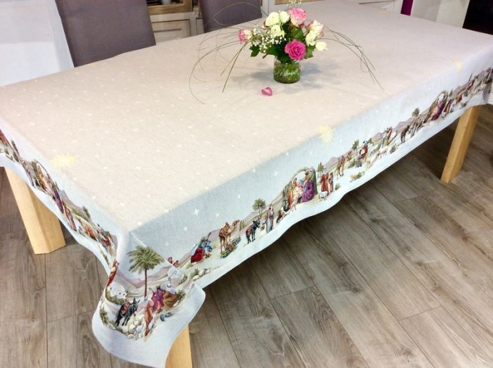 Nappe de Noël centrée, Crèche, rectangulaire, polycoton jacquard