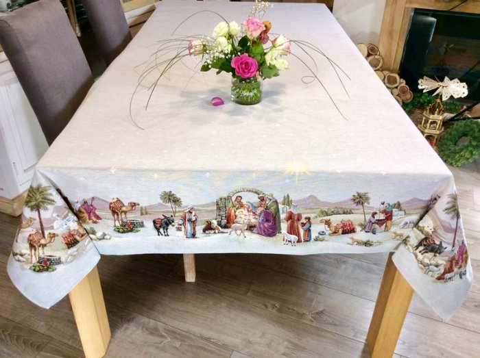 Nappe de Noël centrée, Crèche, rectangulaire, polycoton jacquard