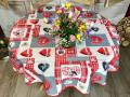 Nappe alsacienne, Patchwork coeur d'Alsace et cigogne, rouge-gris, ronde Ø160 cm, 100% polyester anti-taches