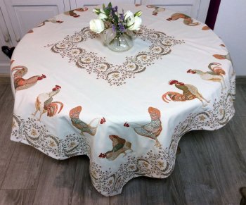 Nappe Coqs et poules, Chanteclair double bordure, écru-vert, carrée, polycoton Jacquard réversible