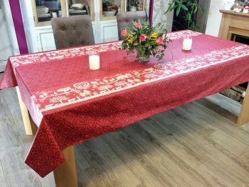 Nappe Coeur des Montagnes, sapins, coeurs, vaches, rectangulaire, 100% coton enduit anti-taches