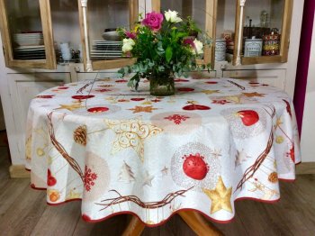 Nappe de Noël, Allover, étoiles, sapins, flocons, coeurs, boules, blanc, doré, rouge, ronde Ø160 cm, 100% polyester anti-taches