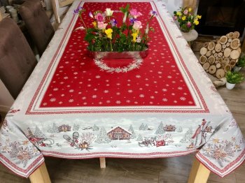 Nappe Montagne Savoie, chalets, sapins, édelweiss, rouge, centrée, rectangulaire 145x260 cm, polycoton jacquard