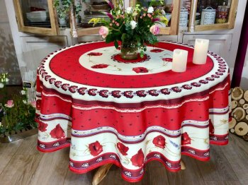 Nappe Boules de Noël, cloches et guirlande, blanc-rouge, ronde Ø 160 cm,  100% polyester anti-taches
