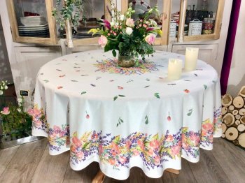 Nappe provençale Lavande, roses et blé, sur un fond blanc, ronde Ø 180 cm, centrée, 100% coton ou coton enduit anti-taches