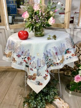 Nappe de Noël, Chiens, Chats, Central Park, centrée, carrée, 100x100 cm, polycoton jacquard