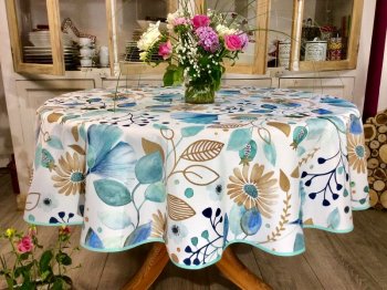 Nappe Feuilles et Ginkgo bleues, fond blanc, ronde Ø160 cm, 100% polyester anti-taches