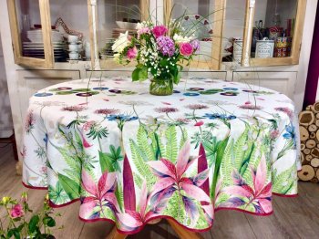 Nappe florale, lys, ipomée, fond blanc, ronde Ø160 cm, 100% polyester anti-taches