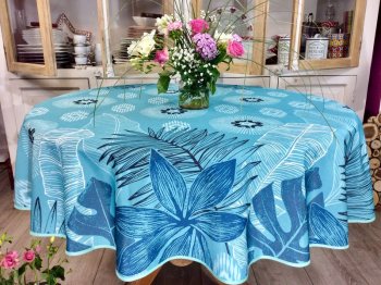 Nappe Feuillage, sur un fond turquoise, ronde Ø 160 cm, 100% polyester anti-taches