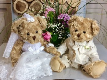 Peluche oursons Couple de mariés, robe et costume de mariage, polyester, 35 cm