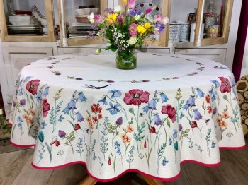 Nappe Hirondelles, coquelicots, fleurs champêtres, fond beige, centrée, ronde  Ø165 cm, polycoton Jacquard