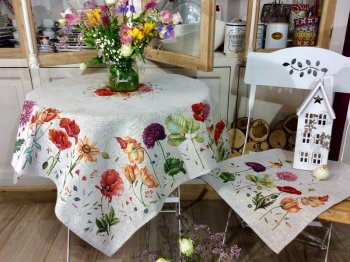 Nappe Fleurie, coquelicots, dahlias, lys, fond beige, centrée, carrée 100x100 cm, polycoton Jacquard