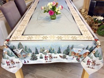 Nappe hivernale, village de Dickens, chalets, sapins, neige, flocons, cloches, centrée, marron ou bleu, rectangulaire, polycoton jacquard