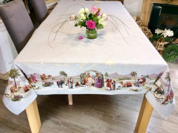 Nappe de Noël centrée, Crèche, rectangulaire, polycoton jacquard