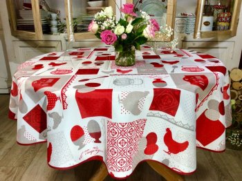 Nappe Un air de campagne, poules, coqs, oeufs, rouge-blanc, ronde Ø160 cm, 100% polyester anti-taches