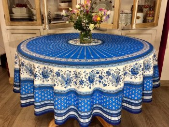 Nappe provençale, indiennes, centrée, fond bleu roi, ronde Ø 180 cm, 100% coton