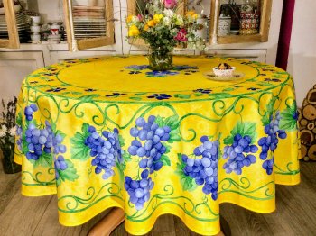 Nappe centrée, grappes de raisins, bleues, sur fond jaune, ronde Ø180 cm, 100% coton ou coton enduit anti-taches