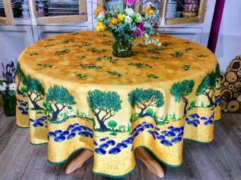 Nappe provençale, Oliviers, sur fond jaune vif, jaune paille ou bleu, ronde Ø180 cm, 100% polyester anti-taches