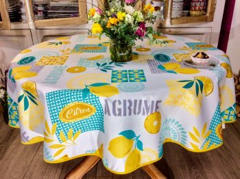 Nappe provençale patchwork Agrumes, citrons, sur fond blanc, ronde Ø 160 cm, 100% polyester anti-taches