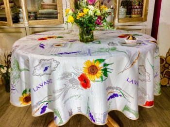 Nappe provençale, vision de Provence, coquelicots, tournesols, lavande, fond blanc, ronde Ø180 cm, 100% polyester anti-taches