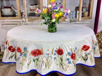 Nappe Fleurie, coquelicots, bleuets, blé, fond beige marbré, centrée, ronde Ø165 cm, polycoton Jacquard