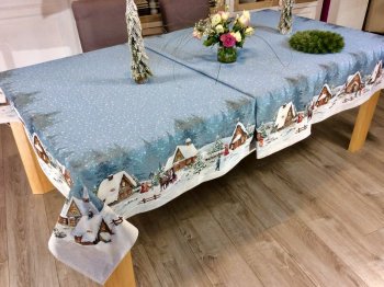 Nappe hivernale, village Oliver Twist, chalets, sapins, neige, flocons,calèche, passants, centrée, bleu, rectangulaire, polycoton jacquard