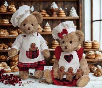 Peluche oursons, couple cuisiniers, écossais, tablier, spatule en bois, manalas, 35 cm, polyester