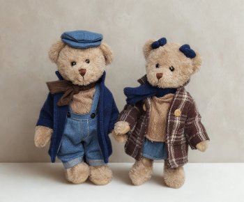 Peluche oursons, couple en tenu hivernale, manteau, casquette, rubans, 30 cm, polyester