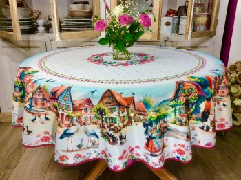 Nappe alsacienne, Colmar, cigognes, oies, vignoble, multicolore, centrée, ronde Ø160 cm, 100% polyester anti-taches