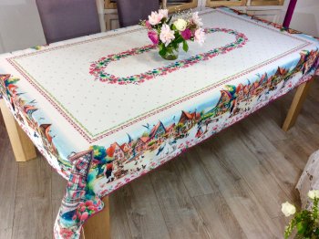 Nappe alsacienne, Colmar, cigognes, oies, vignoble, multicolore, centrée, rectangulaire 100% polyester anti-taches