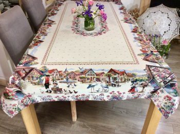 Nappe alsacienne, Kaysersberg, cigognes, fillette alsacienne, maisons à colombage, vignoble, centrée, rectangulaire, polycoton jacquard