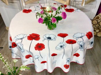 Nappe provençale, Murmures de coquelicots rouges et blanches, noir, sur fond rose pâle, ronde Ø160 cm, 100% polyester anti-taches