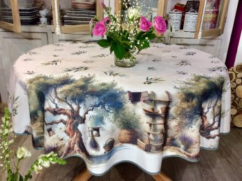 Nappe provençale, Sous l'olivier ancien, olives, lavande, vert, beige, marron, ronde Ø160 cm, 100% polyester anti-taches