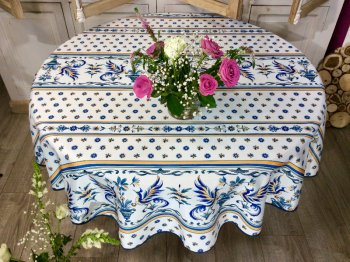Nappe provençale, Moustiers bleu classique, sur fond écru, ronde Ø160 cm, 100% polyester anti-taches