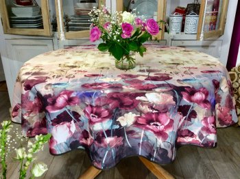 Nappe provençale, Brume de pavots violets et roses, ronde Ø160 cm, 100% polyester anti-taches