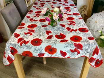 Nappe provençale Pavots rouges, fond blanc, rectangulaire 150x240 cm, 100% polyester anti-taches